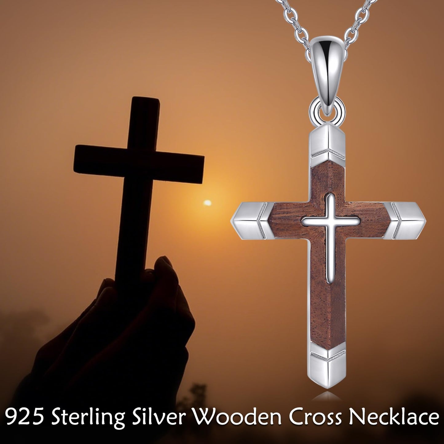 VONALA Wooden Cross Necklace 925 Sterling Silver Christian Wood Crucifix Pendant Religious Jewelry Gifts for Women Men