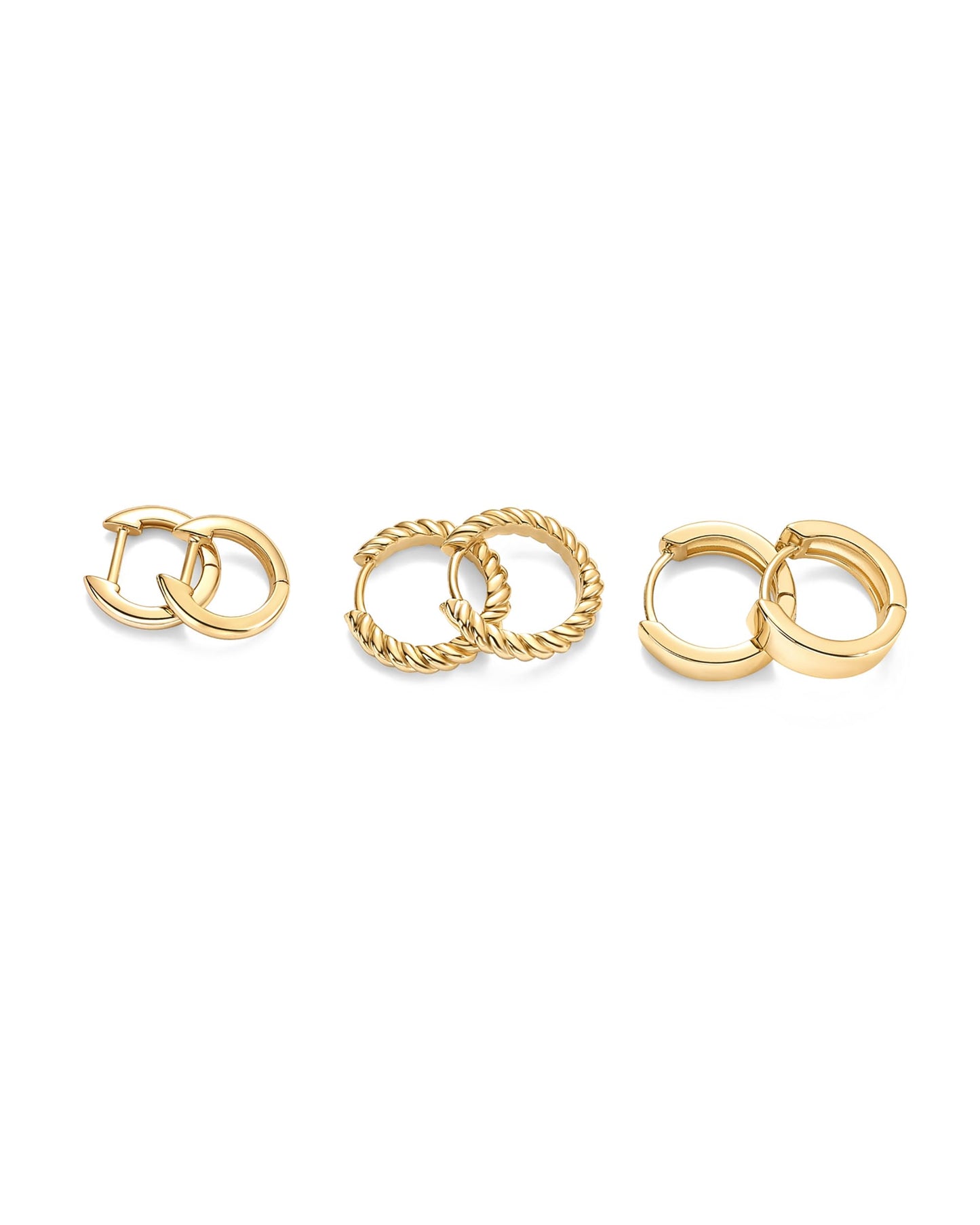 PAVOI 18K Yellow Gold Plated 925 Sterling Silver Posts 4 Pairs Small Hoop Earrings for Women - Four Gold Earring Set Plain Rope Wide Huggie Hoop Earscape Pack