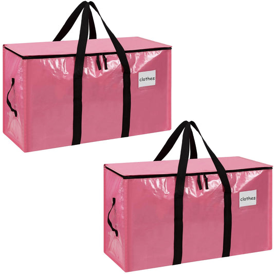 2-Pack Extra-Large Heavy-Duty Storage Totes with Reinforced Handles, Durable Zippers & Waterproof Material — Perfect for Space-Saving, Moving, Shipping and Travel (Pink)