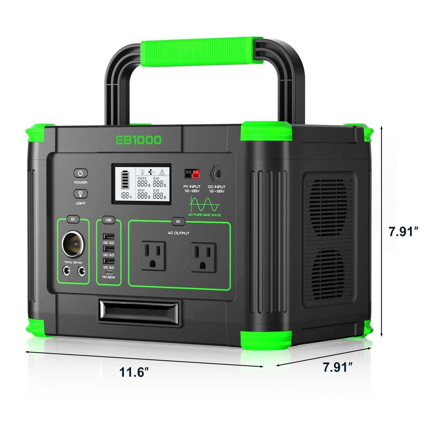 1000W Solar Generator 999Wh, Portable Power Station with 60W USB-C PD Output, 110V Pure Sine Wave AC Outlet Backup Lithium Battery for Outdoors Camping Travel Hunting Home (Peak 2000W)
