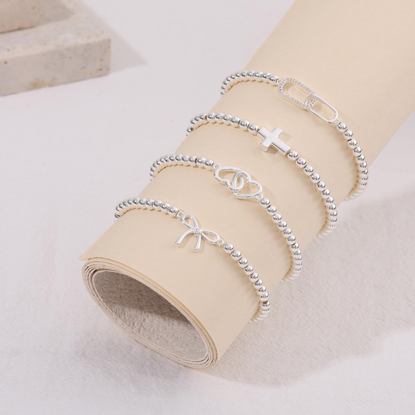 Beaded Bracelets for Women 14K Silver Gold Plated Stretch Handmade Ball Bracelets Cute Charm Bracelet Dainty Stackable Cross Heart Bow Wave CZ Circle Trendy Jewelry Easter Gifts (cross-silver)