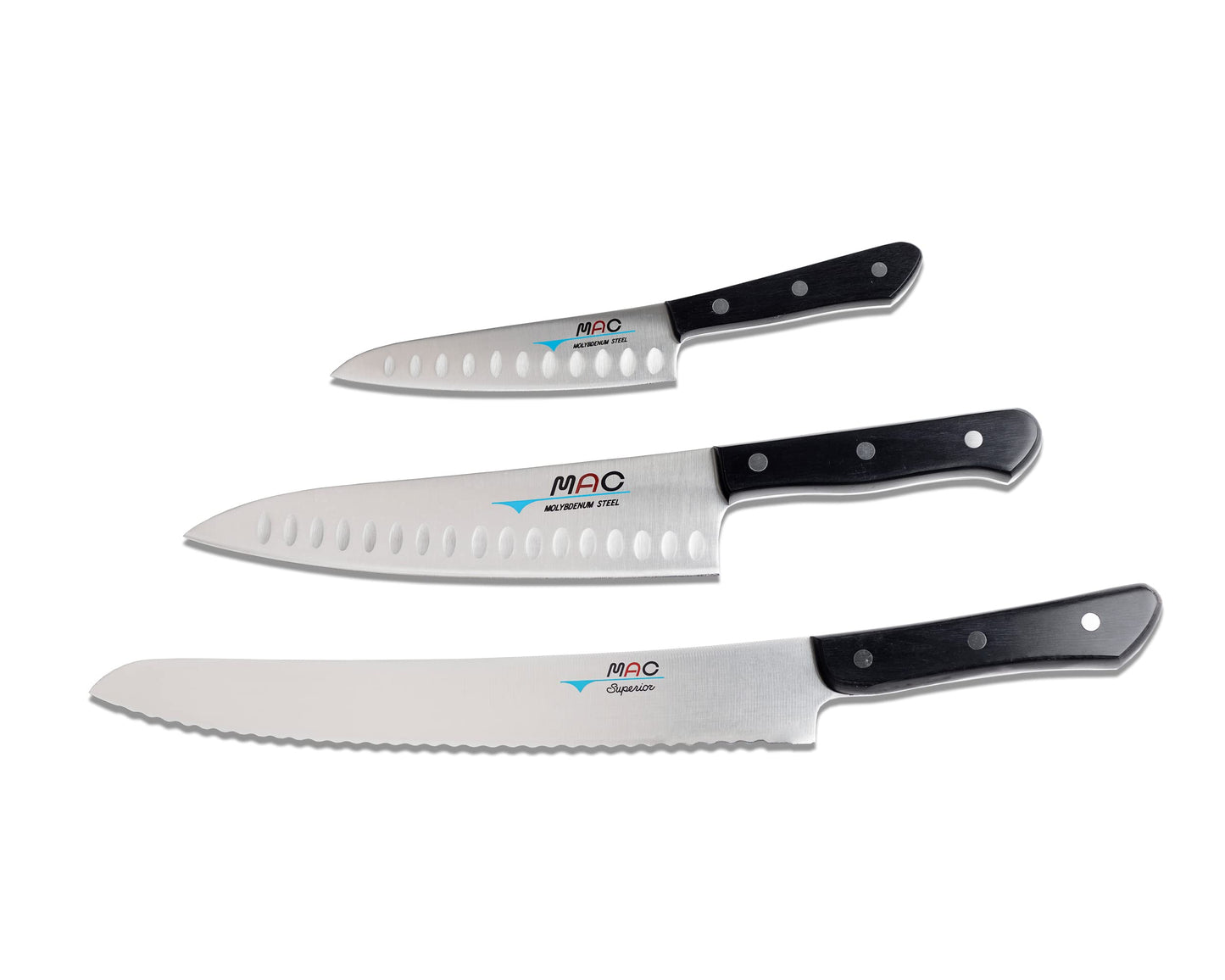 MAC Knife Chef series 3-piece starter knife set CHEF-32, TH-80 Chef series 8" dimpled Chef's knife, TH-50 Chef series 5" dimpled Paring knife, SB-105 Superior series 10.5" Bread knife, made in Japan