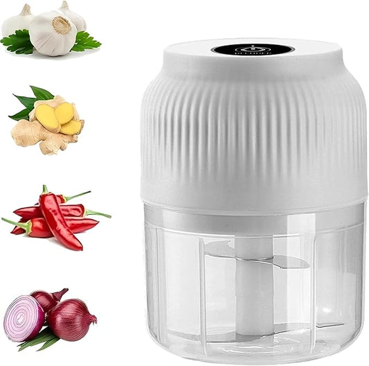 Electric Garlic Chopper,Mini Portable Veggie Cutter,Upgrade Electric Mini Garlic Chopper Set,Vegetable Chopper and Spiralizer with Container and Lid,USB Rechargeable (White)