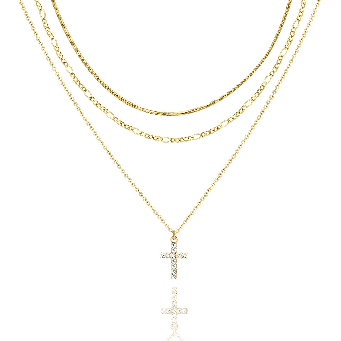 LANE WOODS 3-Piece Gold Layered Necklace Set for Women, 14k Gold Plated CZ Cross Pendant Choker, Dainty Stackable Adjustable Trendy Jewelry Gift for Wife Mom