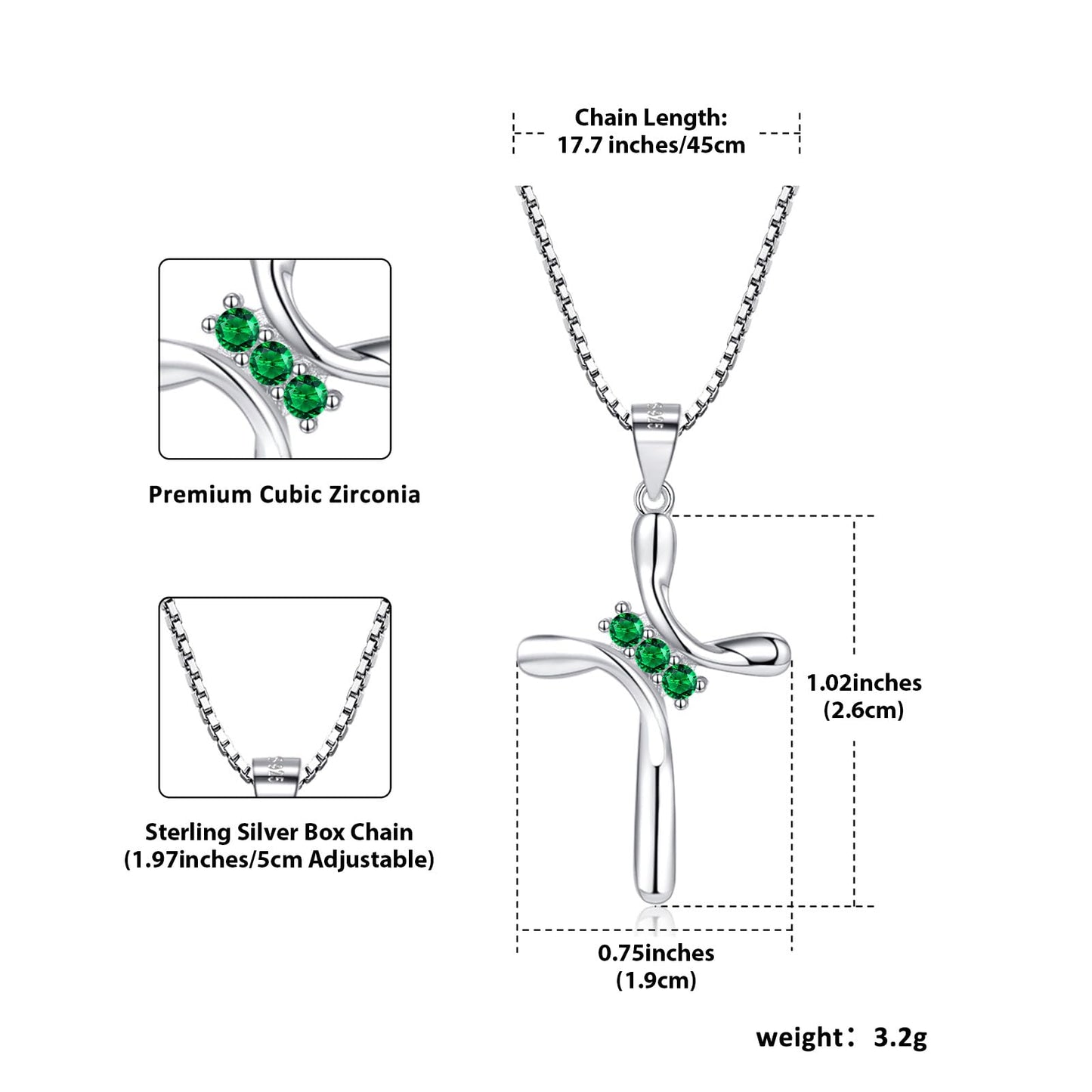 EVERU S925 Sterling Silver Cross Necklace for Women Birthstone Necklace with Cubic Zirconia 18K Gold Plated Cross Pendant Jewelry Ideal Gift Green Emerald May