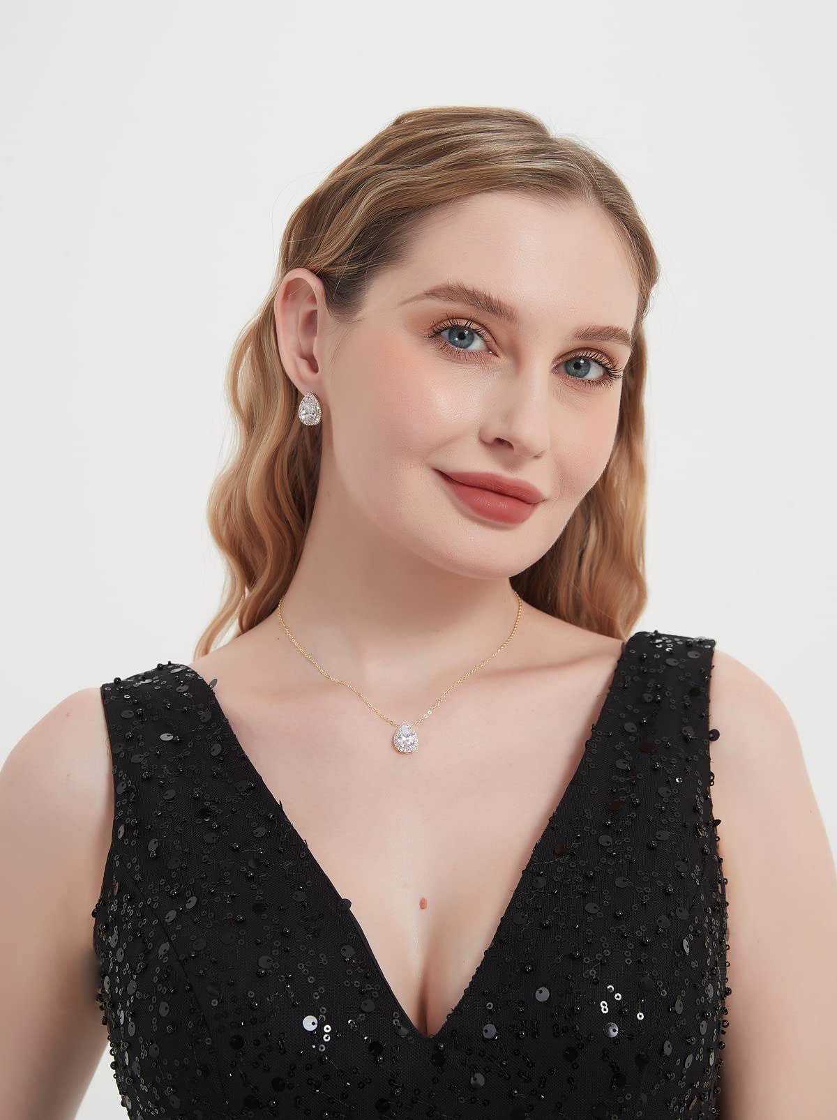 UDYLGOON Teardrop Cubic Zirconia Jewelry Set Necklace Earrings Bracelet Bridal Wedding Jewelry for Women Bridesmaid Prom Party (2 Set - Gold Plated)