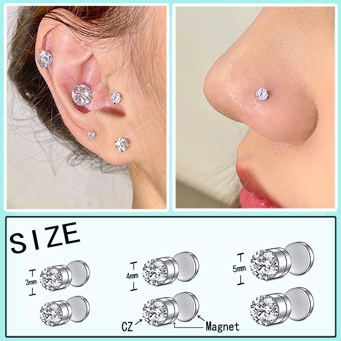 VitaCool Fake Nose Ring Hoop Magnetic Septum Nose Ring Stud Stainless Steel CZ Fake Piercing Faux Ear Lip Cuffs For Non Pierced for Women Men