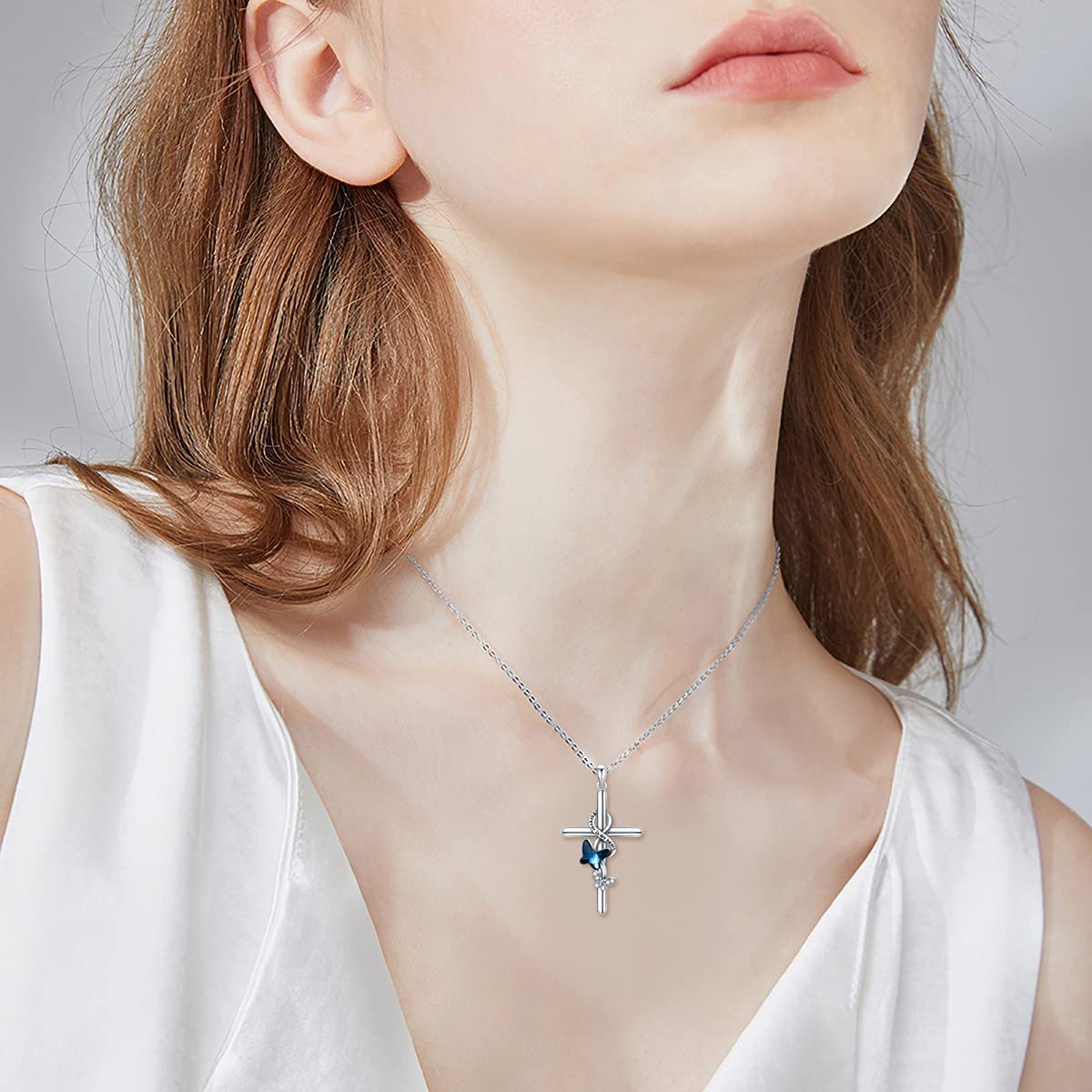 Flpruy Butterfly Cross Necklace 925 Sterling Silver for Women Forever in My Heart Crystal Butterfly Cross Necklace