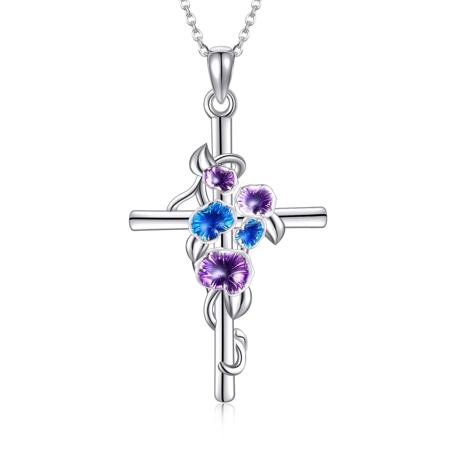Morning Glory Cross Necklace for Women 925 Sterling Silver Morning Glory Pendant Necklace September Birth Flower Jewelry Gifts