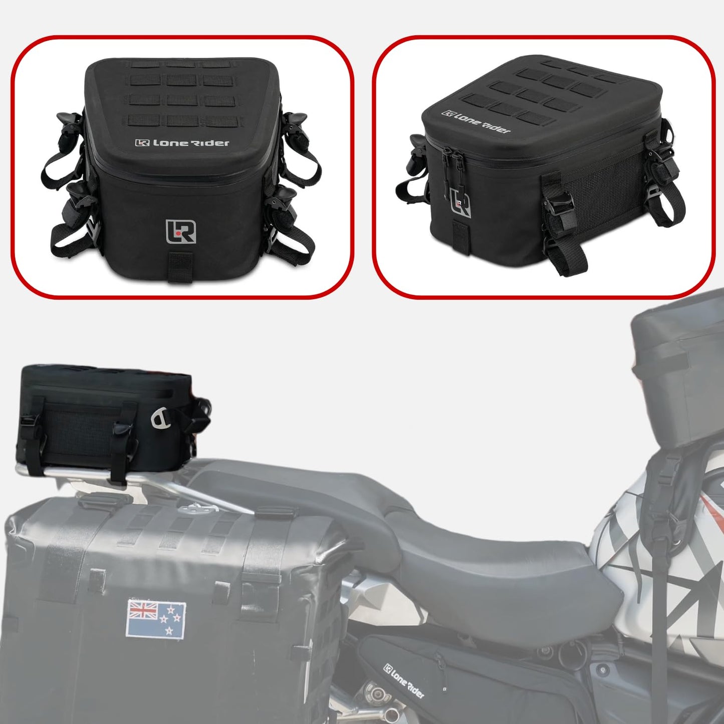 Lone Rider Motorcycle Tail Pack 8L - Waterproof Motorbike Tailpack Dry Bag with MOLLE Top, Cam Buckle and Loop Webbing Mounts - Fits Most Seats, Rear Racks, Panniers and Saddlebags