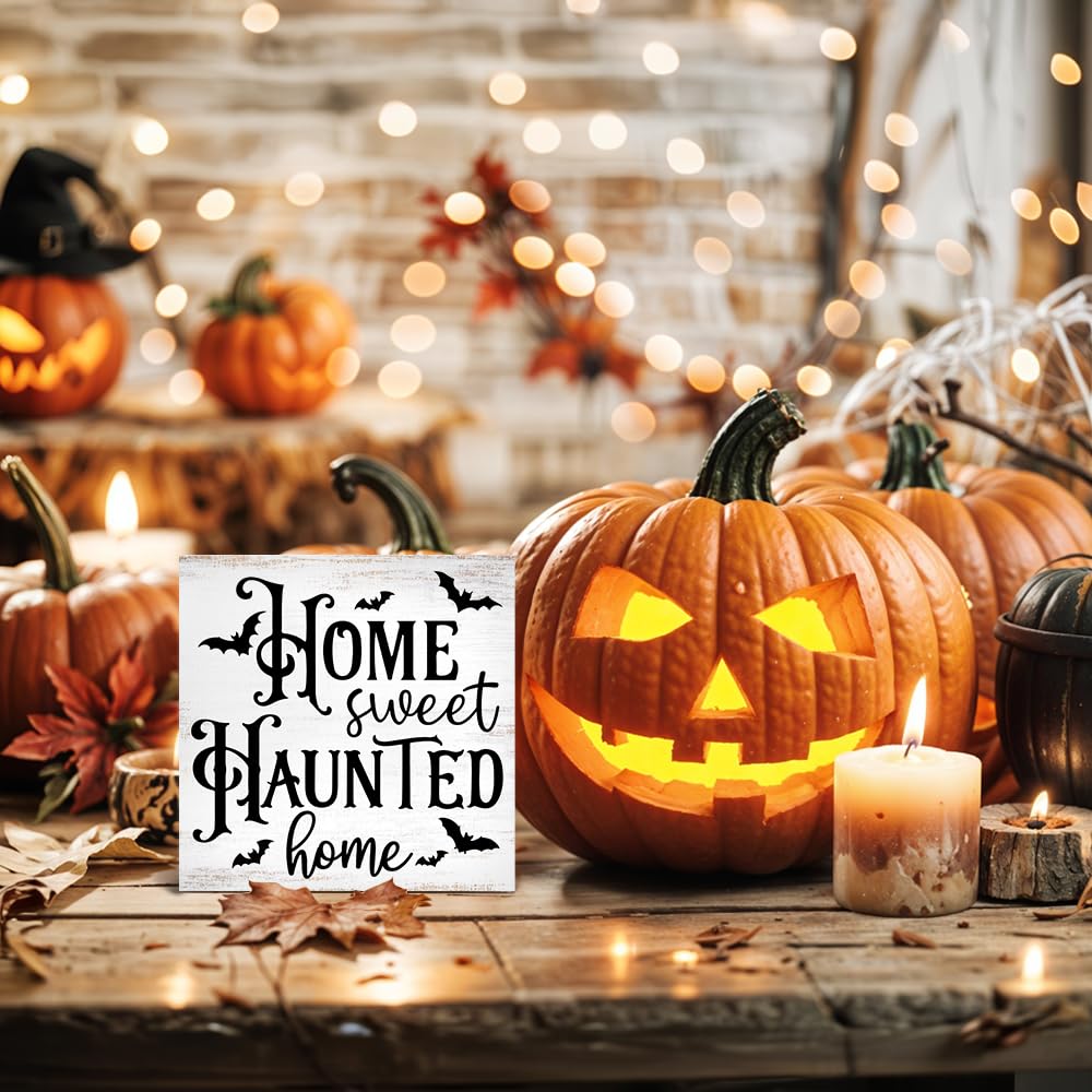 Sixrip Home Sweet Haunted Home Halloween Wooden Box Sign, Funny Halloween Office Desk Decor for Family Friend Coworker, Bat Wooden Box Sign Plaque for Shelf Bathroom Table Indoor