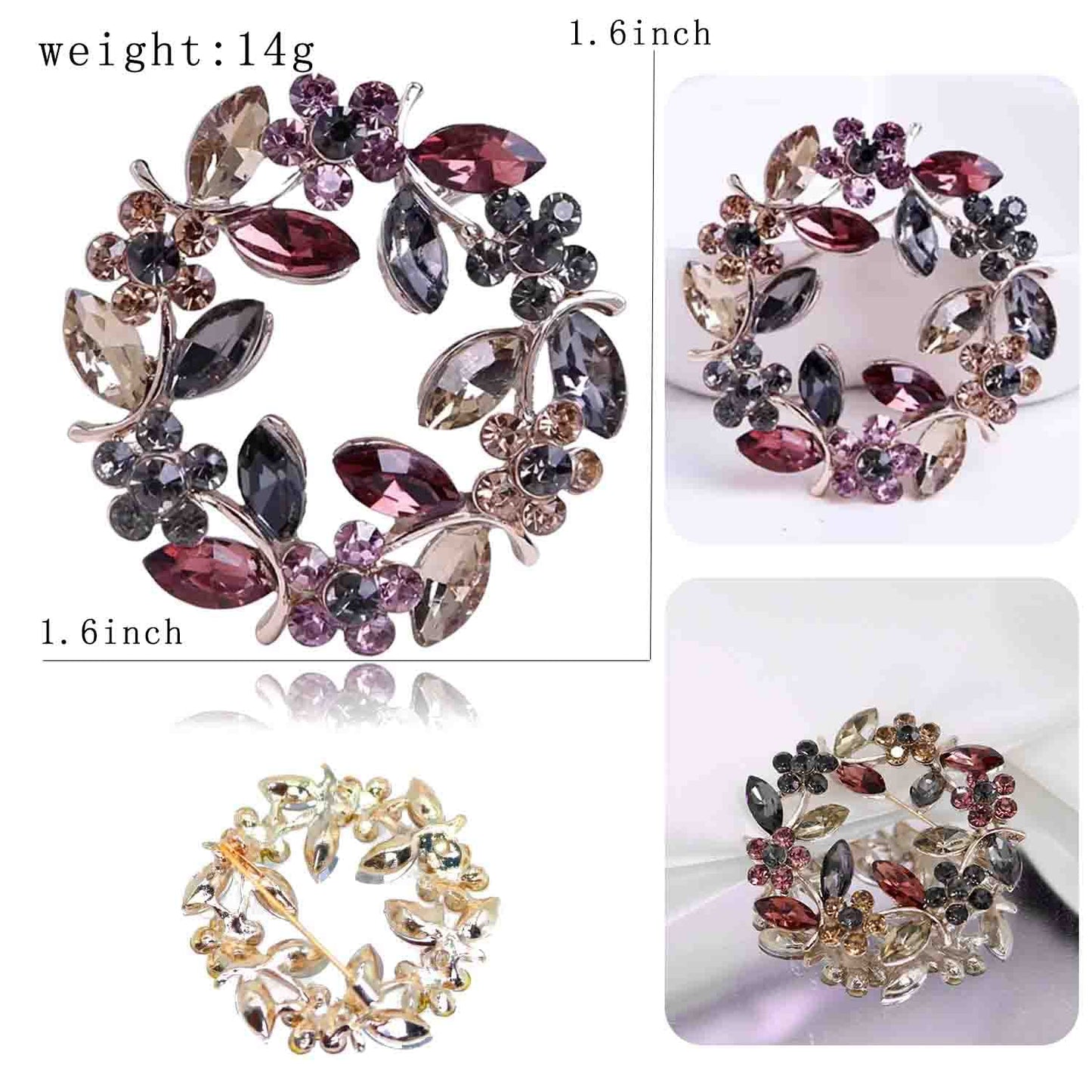 Gold Olive Branch Wreath Flower Crystal Brooches Pins Fashion Beautiful Created Rhinestone Floral Brooch Good Idea for Party Dance Wedding Banquet for Elegant Women Girl (Olive Branch Wreath)
