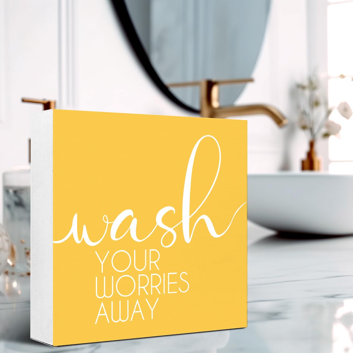 LVQHI Bathroom Decor And Accessories, Wash Your Worries Away Wooden Box Sign, Bathroom Sign Small Decorations For Shelves, Yellow Washroom Toilet Restroom Shelves Decor 5"L x 5"W x 1.1"H