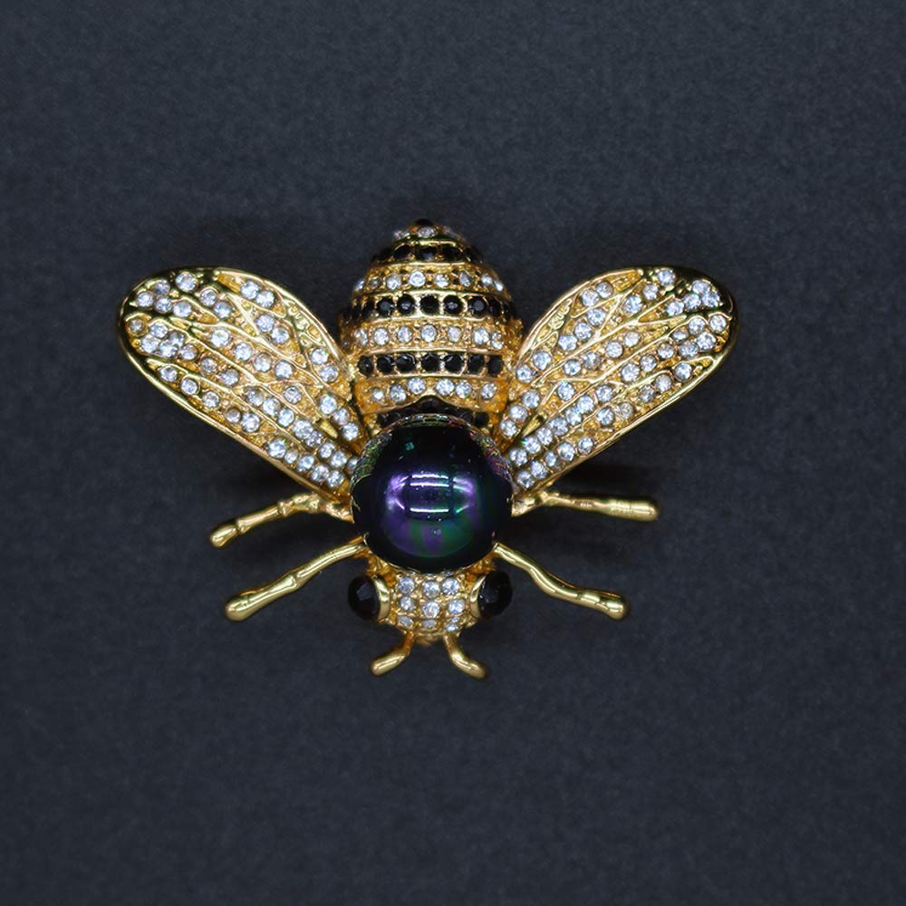 Honey Bee Brooches Crystal Insect Themed Bee Brooch Animal Fashion Shell Pearl Brooch Pin 14K Gold Plated(Multicolored black)
