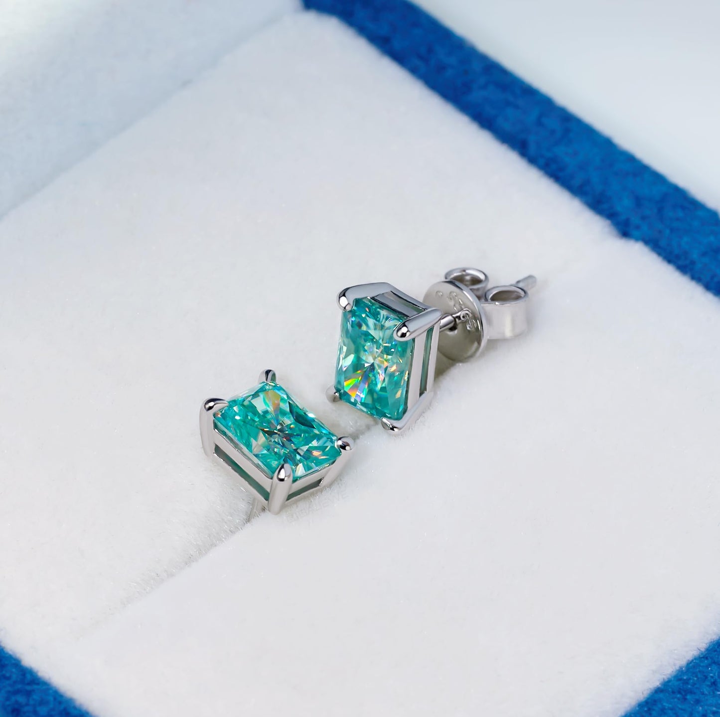 GIGAJEWE Blue Green Color Moissanite Stud Earrings Radiant Cut Moissanite Earrings 2.0ct/pair,18K Gold Plated 925 Steling Silver, Stud Earrings For Women (Cyan)