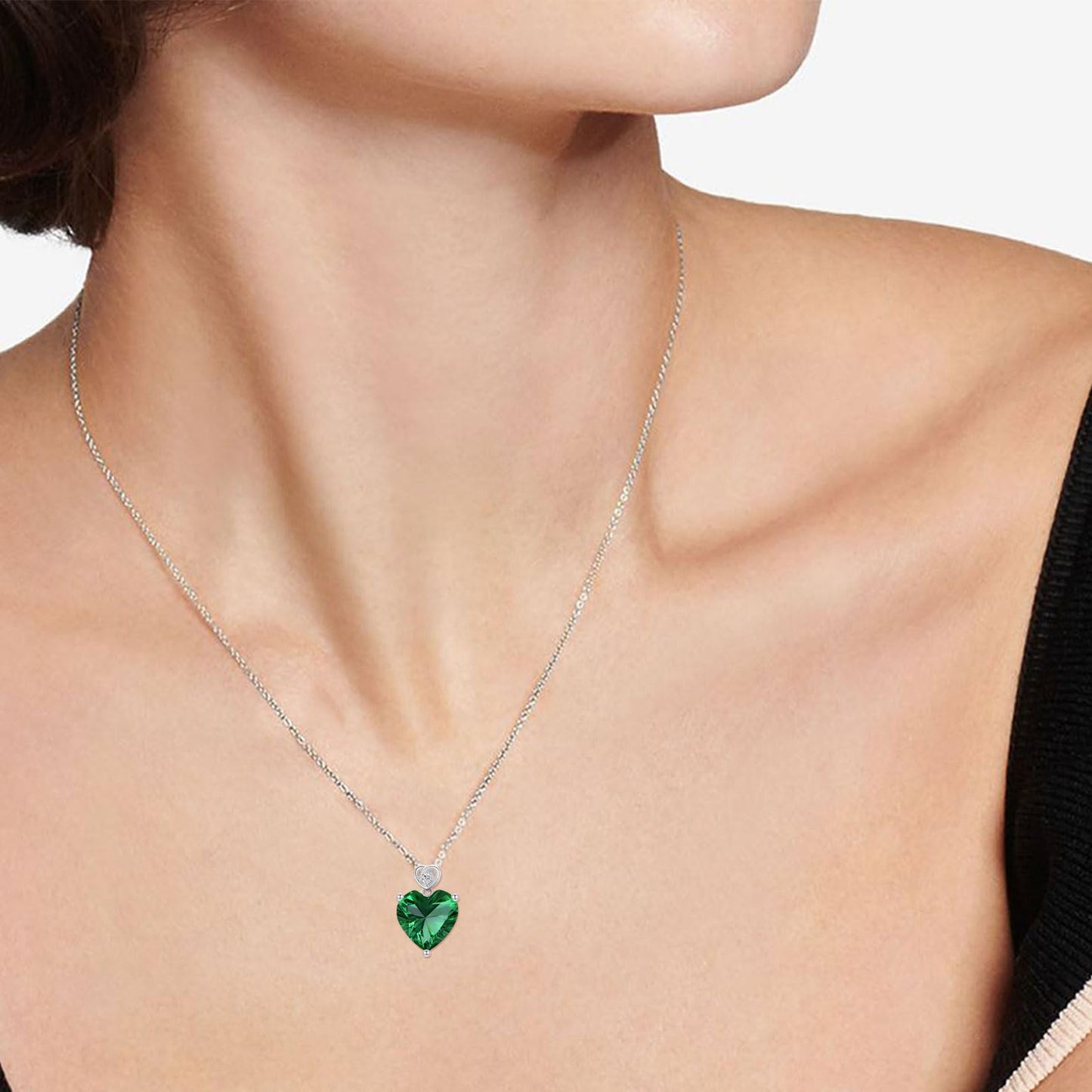 NFYBD 14k White Gold Love Heart Emerald Birthstone Pendant Necklace for Women 3 Carat Heart-cut Created Gemstone Anniversary Birthday Mother's Day Necklaces for Her-may