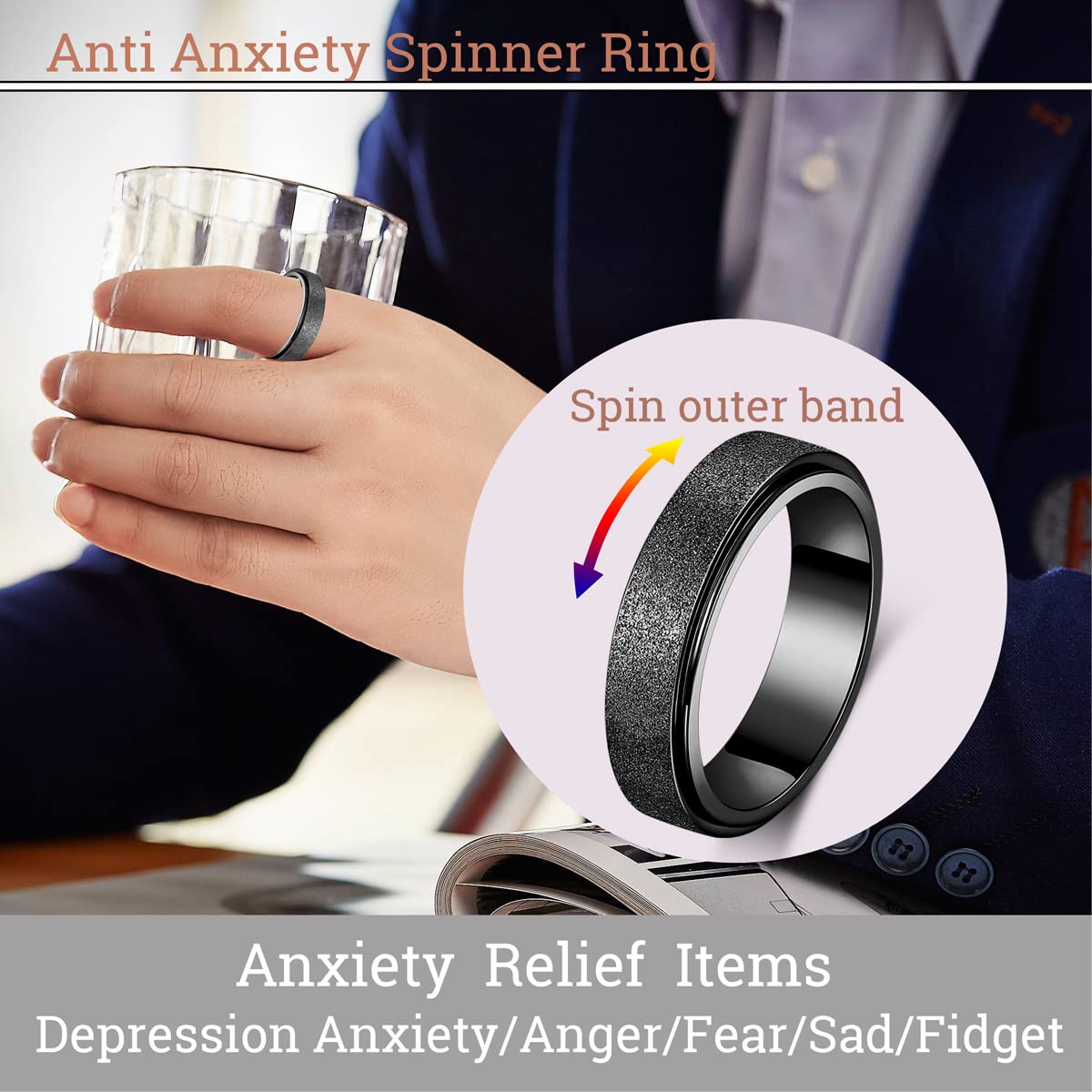 Anxiety Ring for Women Fidget Spinner Ring Fidget Toys Adults Titanium Stainless Steel Thumb Ring 6mm Wide Black Size 8