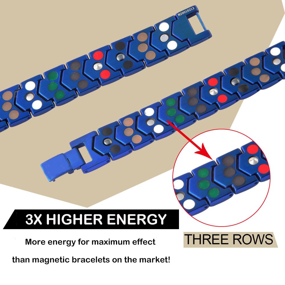 KYOSI 3X Mens Magnetic Bracelet Three rows Energy Stainless Steel Blue Bracelets for Men Magnet Link Jewelry Fathers Day Gift (Blue, 8.66 inches)