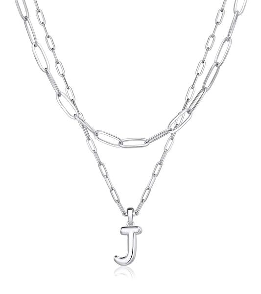 adoyi Silver Initial Necklace for Women 14k Gold Plated Layered Bubble Letter Necklaces Trendy Jewelry Chain Name J Pendant Necklace Stack Birthday Valentines Gifts