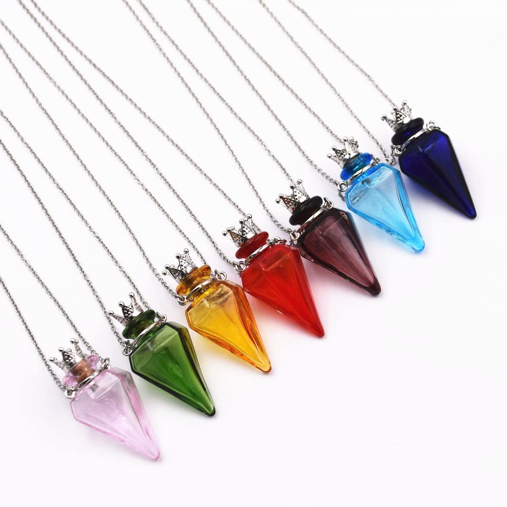 Colored glass Pendant Necklace Aromatherapy Perfume bottle necklace 50cm Stainless steel chain (Green)