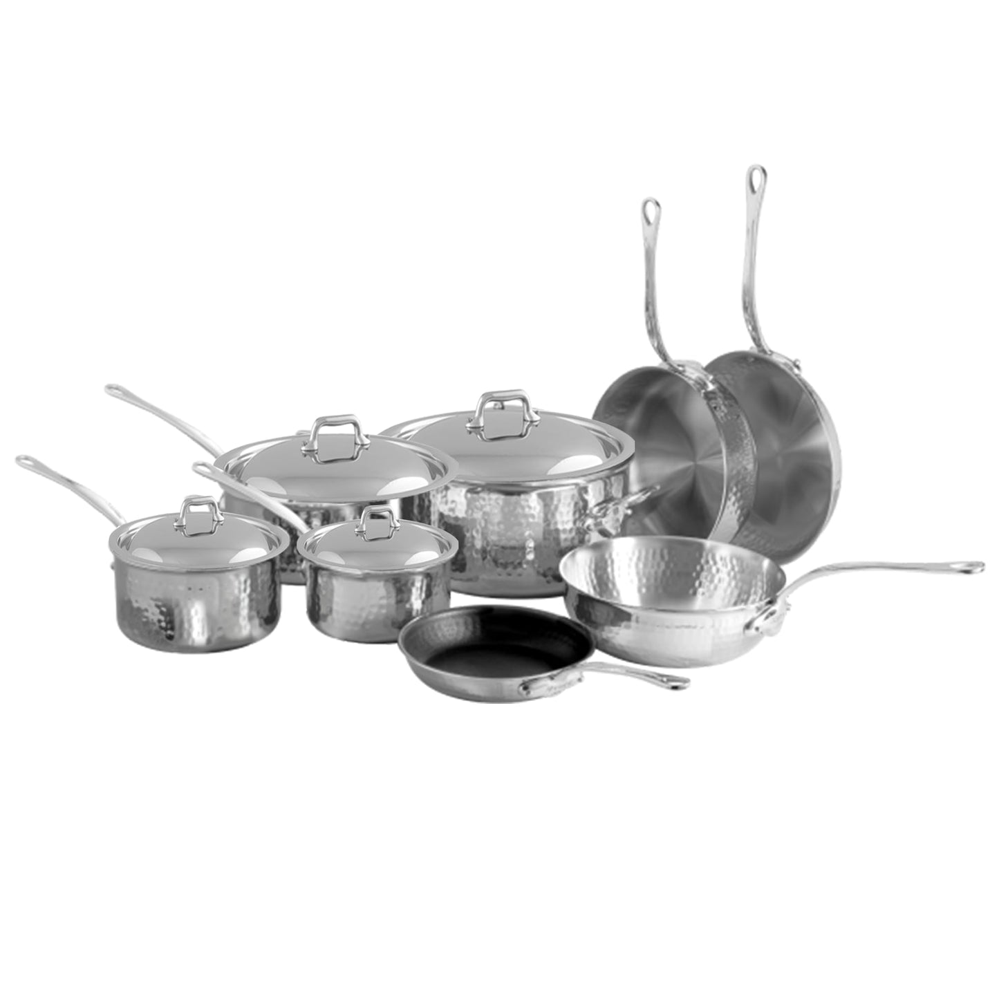 Mauviel M'Elite 5-Ply Hammered Polished Stainless Steel 12-Piece Cookware Set With Cast Stainless Steel Handles And Curved Lid, Made In France