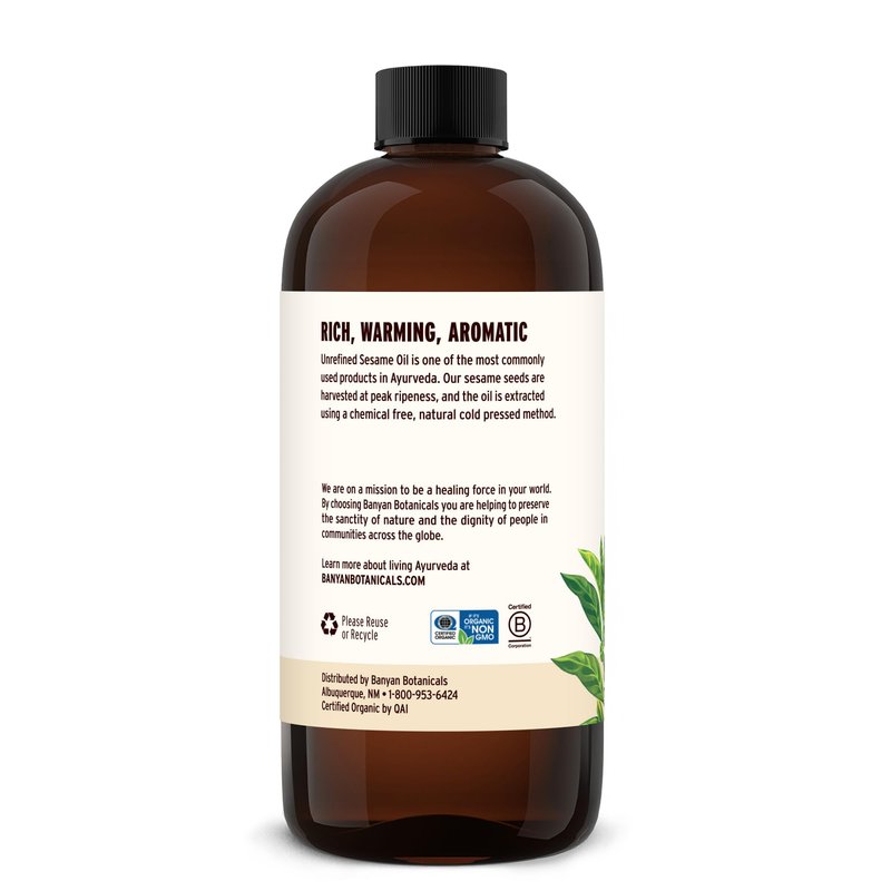 Banyan Botanicals Organic Unrefined Sesame Oil – Rich & Warming Ayurvedic Massage Oil for Body & Scalp – Traditional Abhyanga Oil for Deep Tissue Grounding & Recovery – 16 oz – USDA Organic