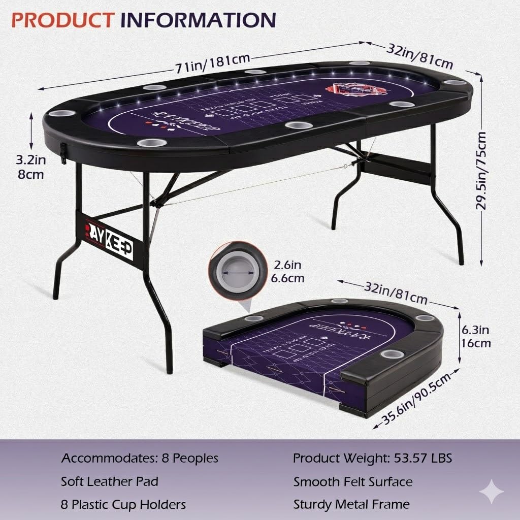 RAYKEEP 71" LED Poker Table - 8 Player Foldable Texas Hold'em Table with Built-in LED Lights, Padded Rails & 8 Cup Holders, Portable Casino Card Table for Home Game Room & Parties