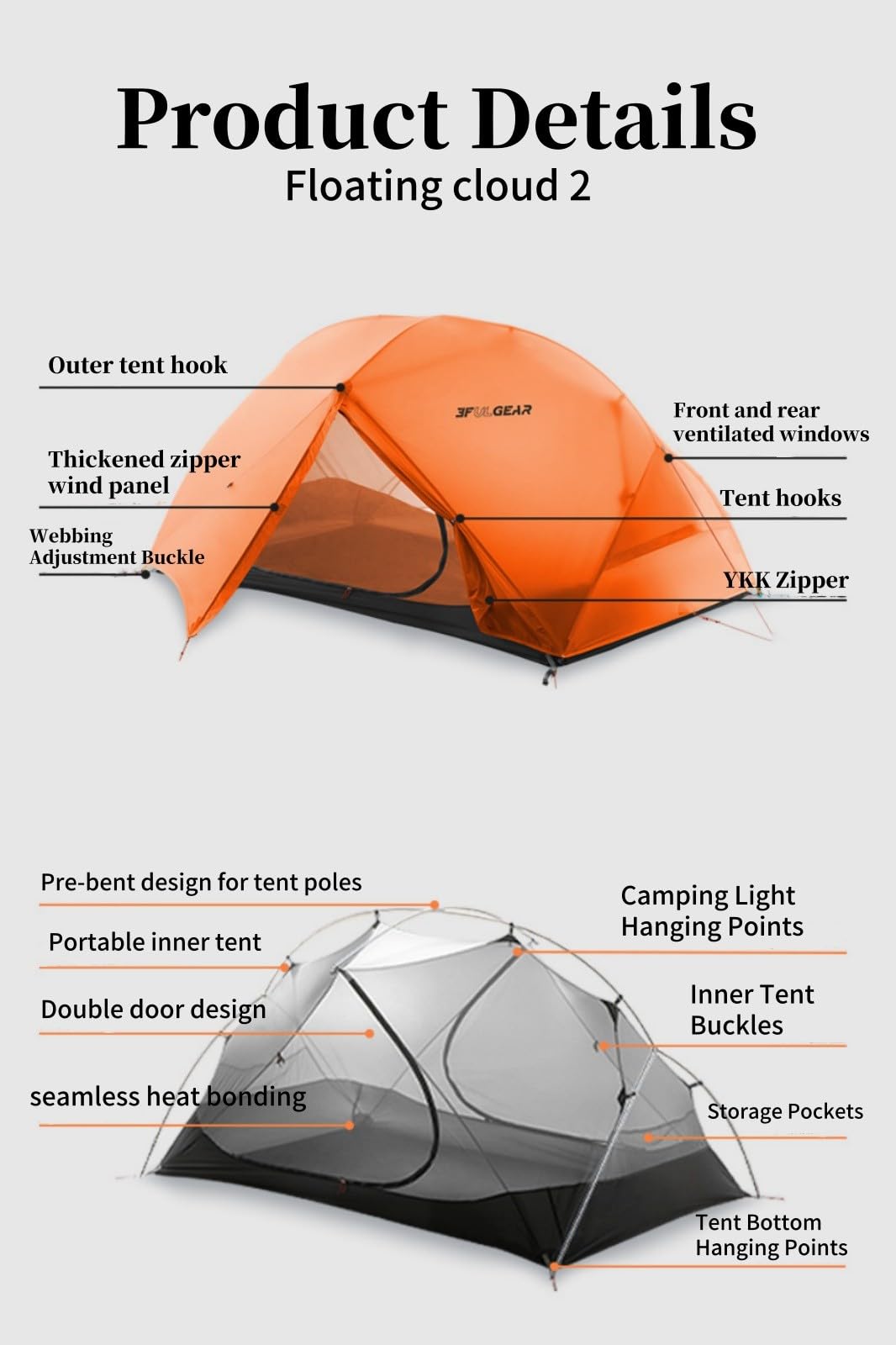3FULGEAR Backpacking Tent, Floating Cloud 2 Easy Setup 2 Person 3/4 Season Ultralight Tents Waterproof Windproof Double Layer Lightweight Outdoor Tent for Camping, Hiking, Hunting, Survival