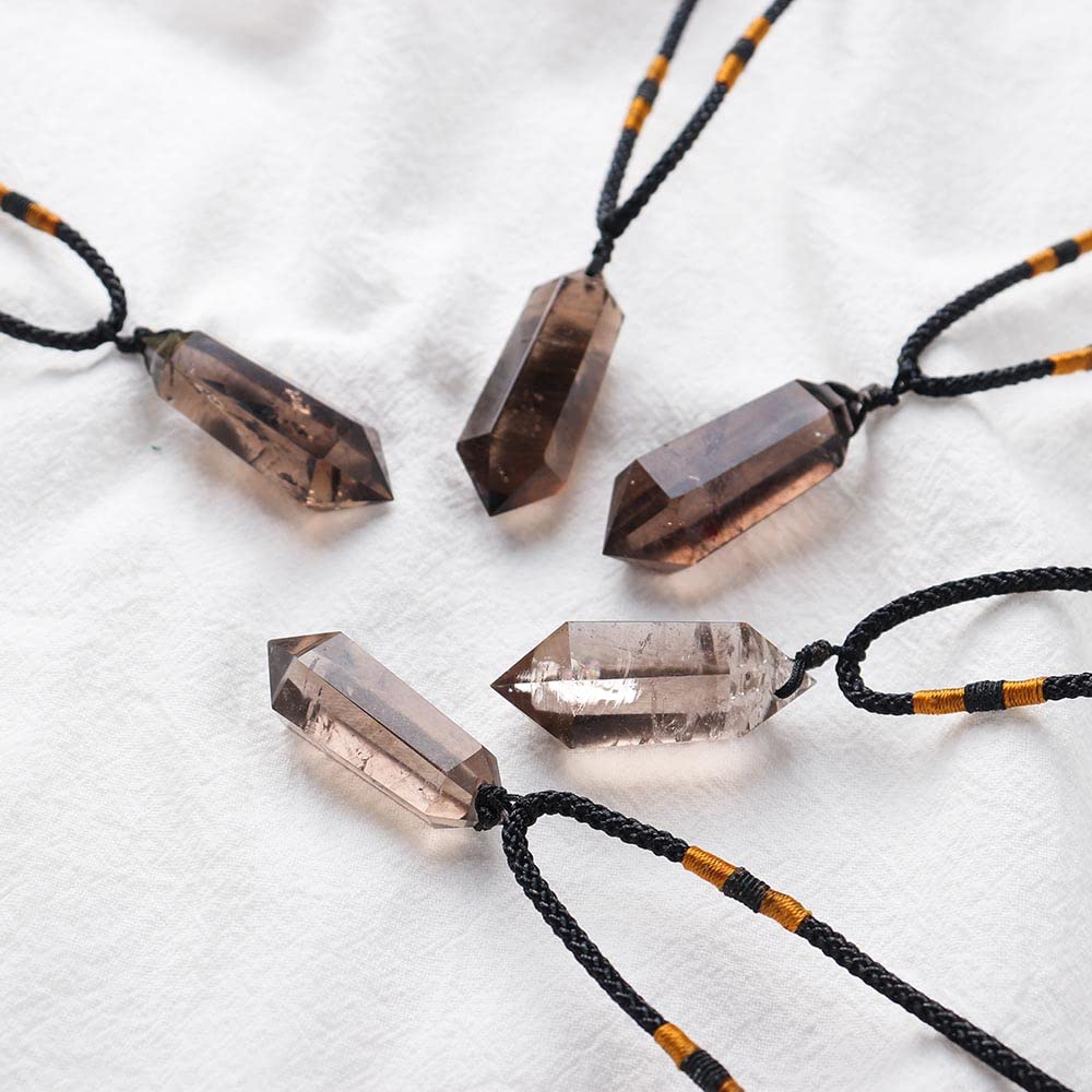 Runyangshi Smoky Quartz Healing Crystal Pendants, Double Pointed Natural Crystal Quartz Necklace 6 Faceted Chakra Crystal Wand Stone Reiki Meditation