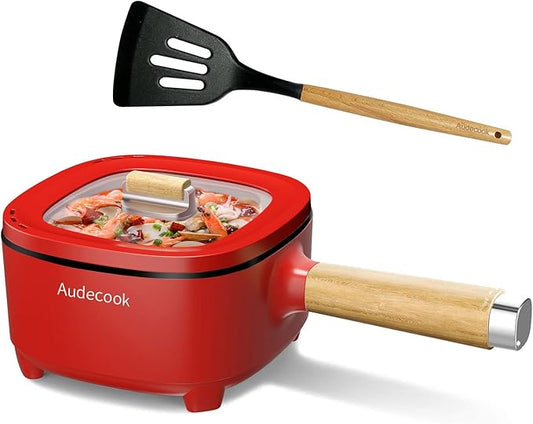 Audecook Hot Pot Electric 2L, Cermic Glaze Non-Stick Frying Pan 8 Inch, Portable Travel Cooker for Ramen/Steak/Fried Rice/Oatmeal/Soup, with Dual Power Control (Silicone Spatula Included)