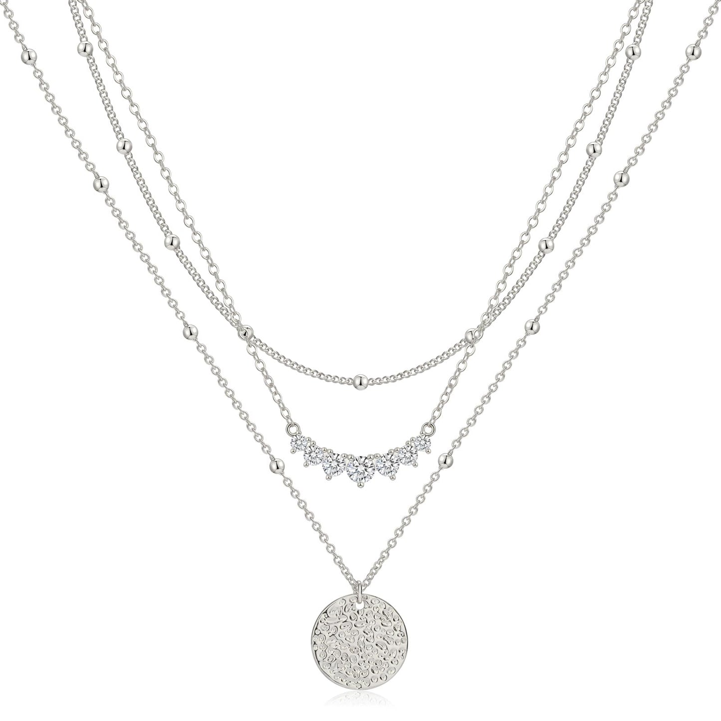 Layered Gold Necklaces for Women Stackable Dainty 14K Gold Plated Silver Chain Necklace Layering Cute Fashion Pendant Choker Necklaces Trendy Jewelry Set Gifts for Women (hammered texture round, silver)