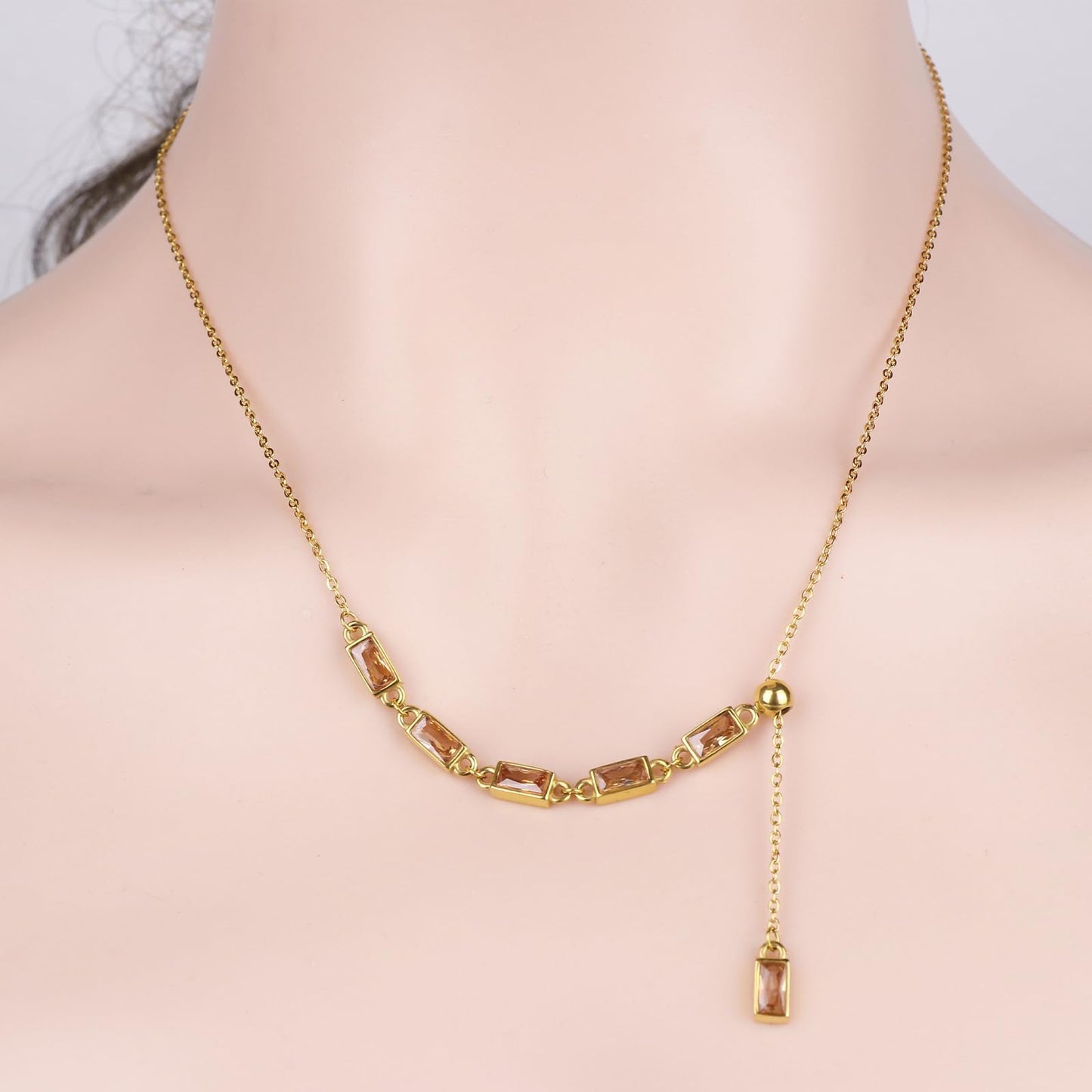 TaYolnFaSo Champagne Color Y Shaped Necklace 18K Gold Plated Champagne CZ Y Lariat Necklace Emerald Cut Jewelry Christmas Gift for Women