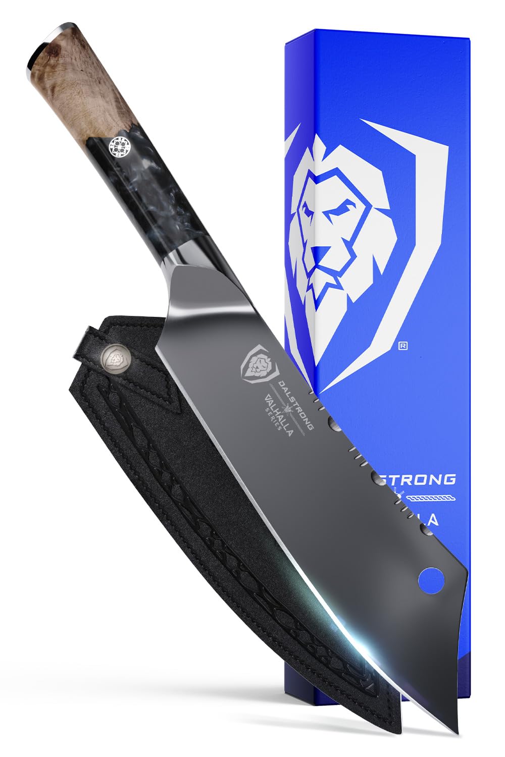 Dalstrong Chef & Cleaver Hybrid Knife - The 'Crixus' - 8 inch - 9CR18MOV HC Steel - Black Blade Titanium Coated - Resin & Wood Handle - Valhalla Series - Razor Sharp Chef's Knife - w/Leather Sheath