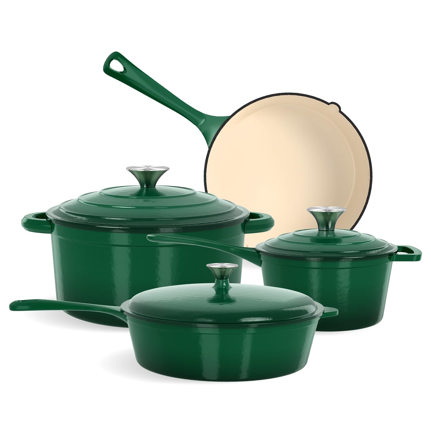 Kitchen Academy 7Pcs Enameled Cast Iron Cookware Sets - Non Toxic Pots and Pans Set, Induction Nonstick Cookware Set, PFOA&PFAS Free (Emerd)