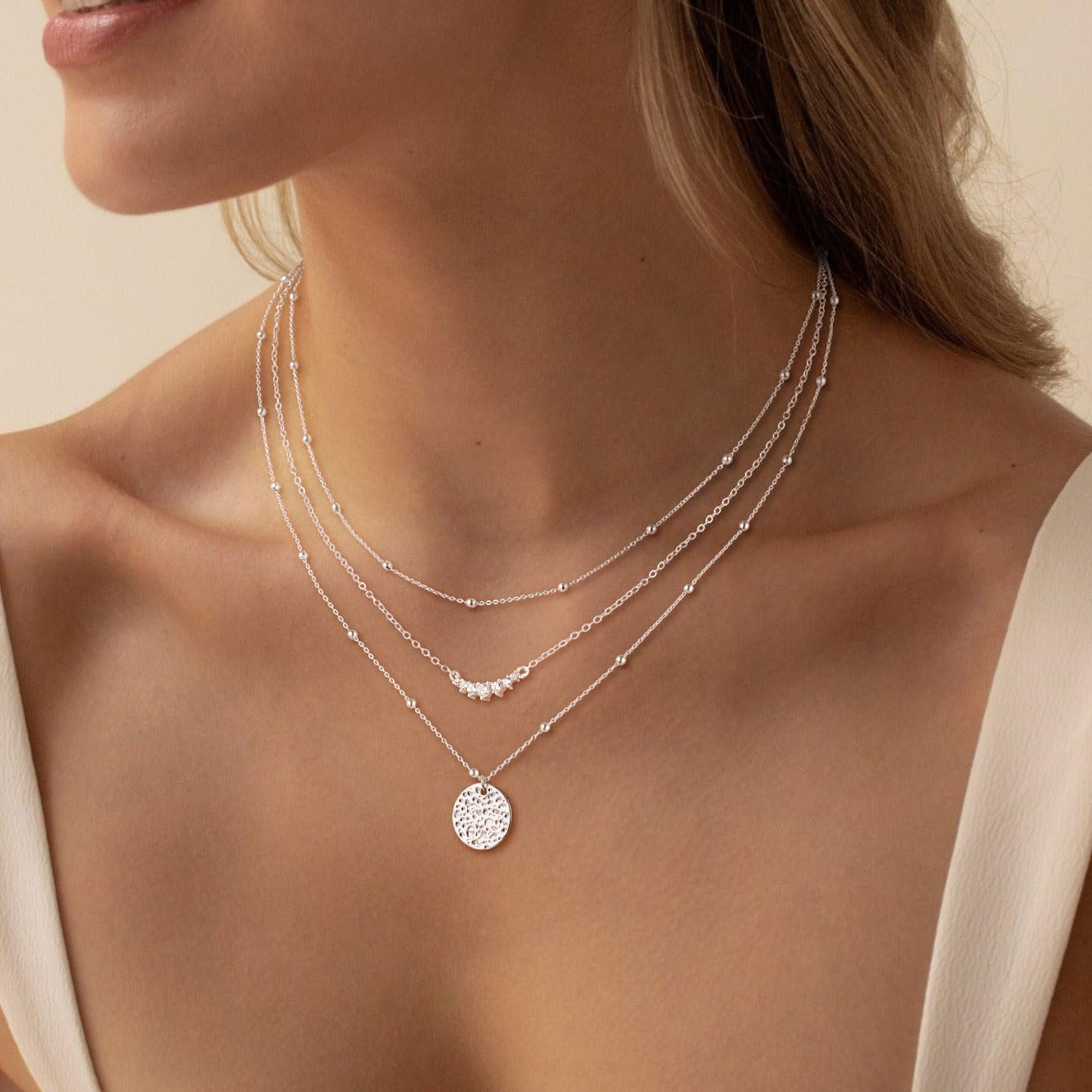 CHESKY Layered Silver Necklace for Women Trendy, Silver Plated Dainty Stackable Charm Necklaces for Womens Layering Beads Chain Diamond Pendant Necklaces Stack Jewelry Set for Women Gifts