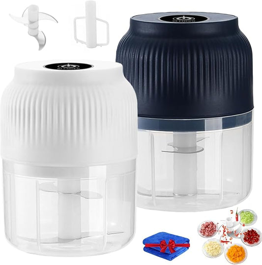 300ML USB Rechargeable Electric Garlic Chopper, Mini Portable Veggie Cutter with Eggbeater&4/6 Knife Heads, Veggie Chopper with Container and Lid, Vegetable Crusher (A)