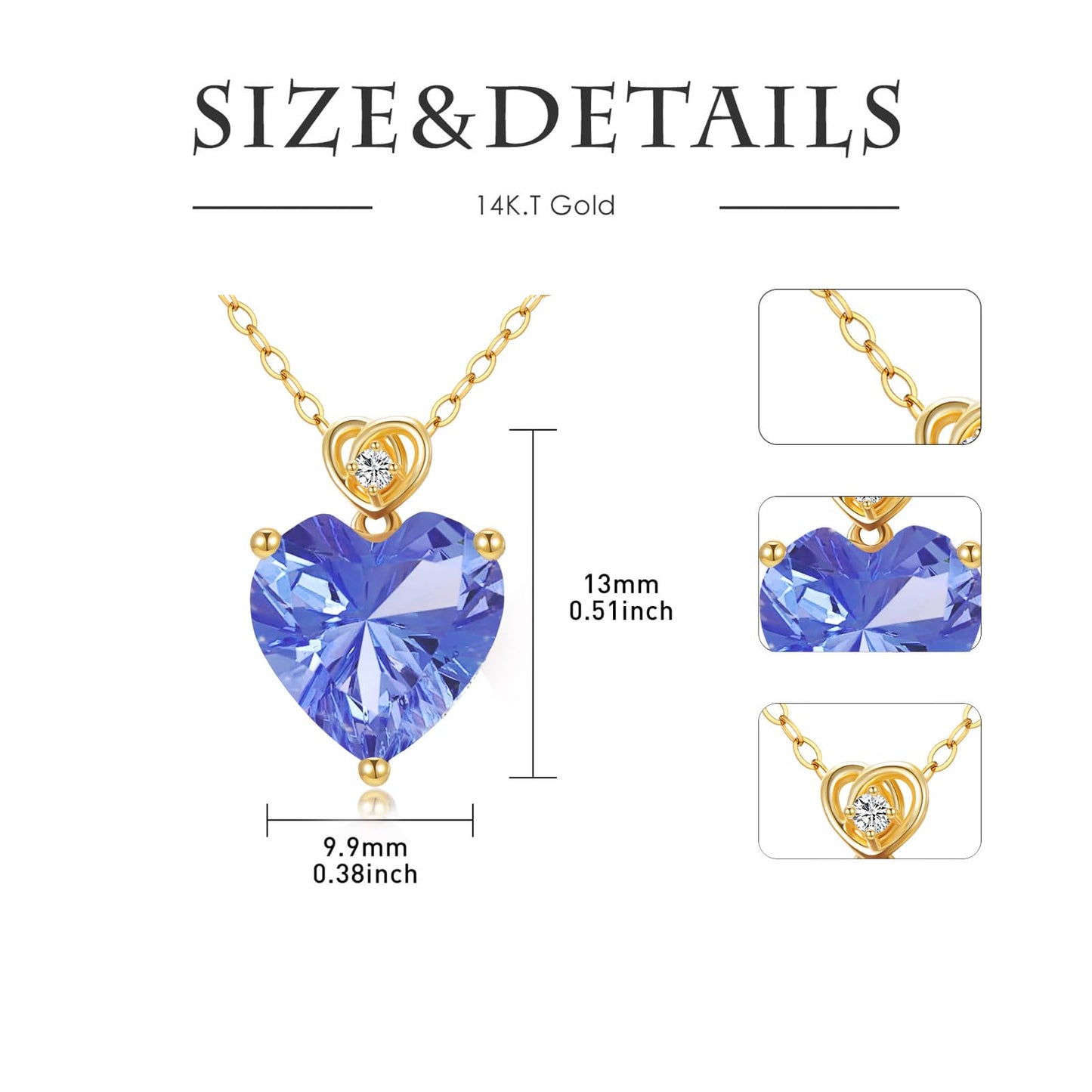 NFYBD 14k Gold Love Heart Tanzanite Birthstone Pendant Necklace for Women 3 Carat Heart-cut Created Gemstone Anniversary Birthday Mother's Day Necklaces for Her 16+1+1 inch