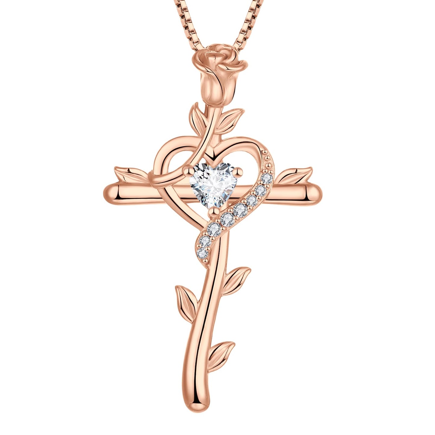 STARCHENIE Rose Cross Necklace, 925 Sterling Silver 14K Rose Gold Plated, Cubic Zirconia Heart Pendant, Crucifix Jewelry Gift for Women