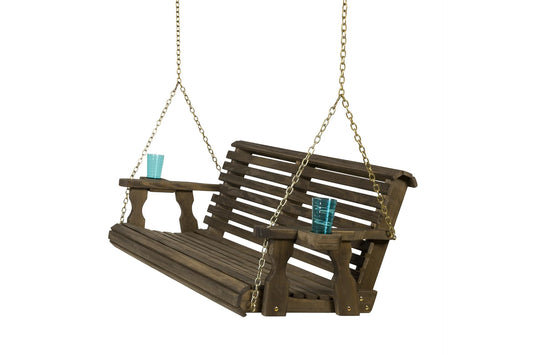 Amish Casual Heavy Duty 700 Lb Capacity Porch Swing with Cup Holders (4 Foot, Dark Walnut Stain) – Wooden Outdoor Roll Back Swing with Hanging Chains – Amish Made in the USA