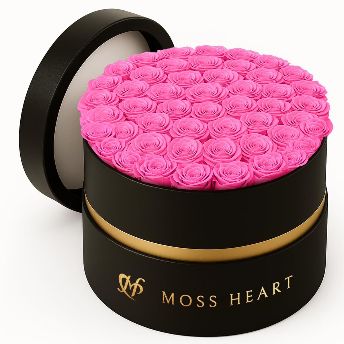 Moss Heart 50 Petite Preserved Roses, Designer Round Box, Real Forever Roses Last 1+ Year, Premium Gift for Women, Wife, Girlfriend, Mother’s Day, Birthday, Anniversary, Valentine’s Day