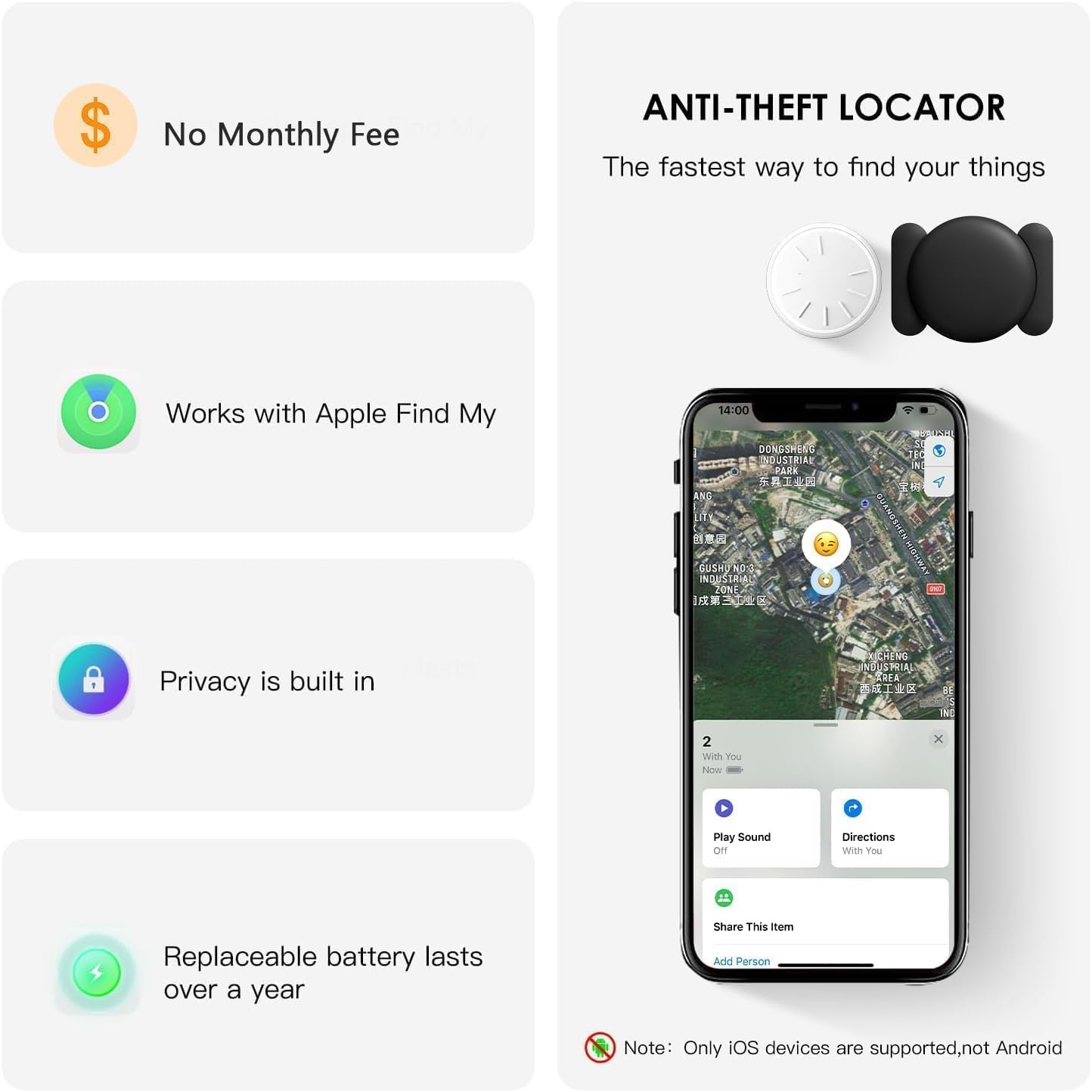 GPS Tracker for Vehicles,Real Time GPS Tracker for Car Work with Apple Find My(iOS Only),No Monthly Fee Hidden Mini Tracker Device for Vehicles (Black,2PCS)