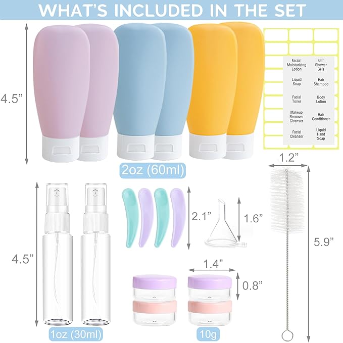 DEWSENSI 20 Pack Travel Bottles Set for Toiletries TSA Approved, Leak Proof Travel Size Containers Kit Portable Refillable Travel Accessories for Shampoo Conditioner Lotion Liquids (Multi-color)