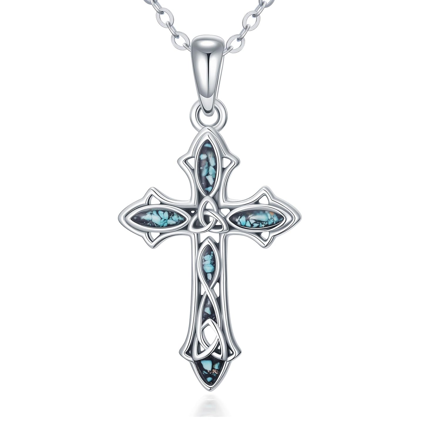 MOPOPOK Cross Necklace for Women S925 Sterling Silver Turquoise Cross Celtic Knot Pendant Necklace Protection Jewelry Gifts for Mom Wife Birthday Graduation Anniversary