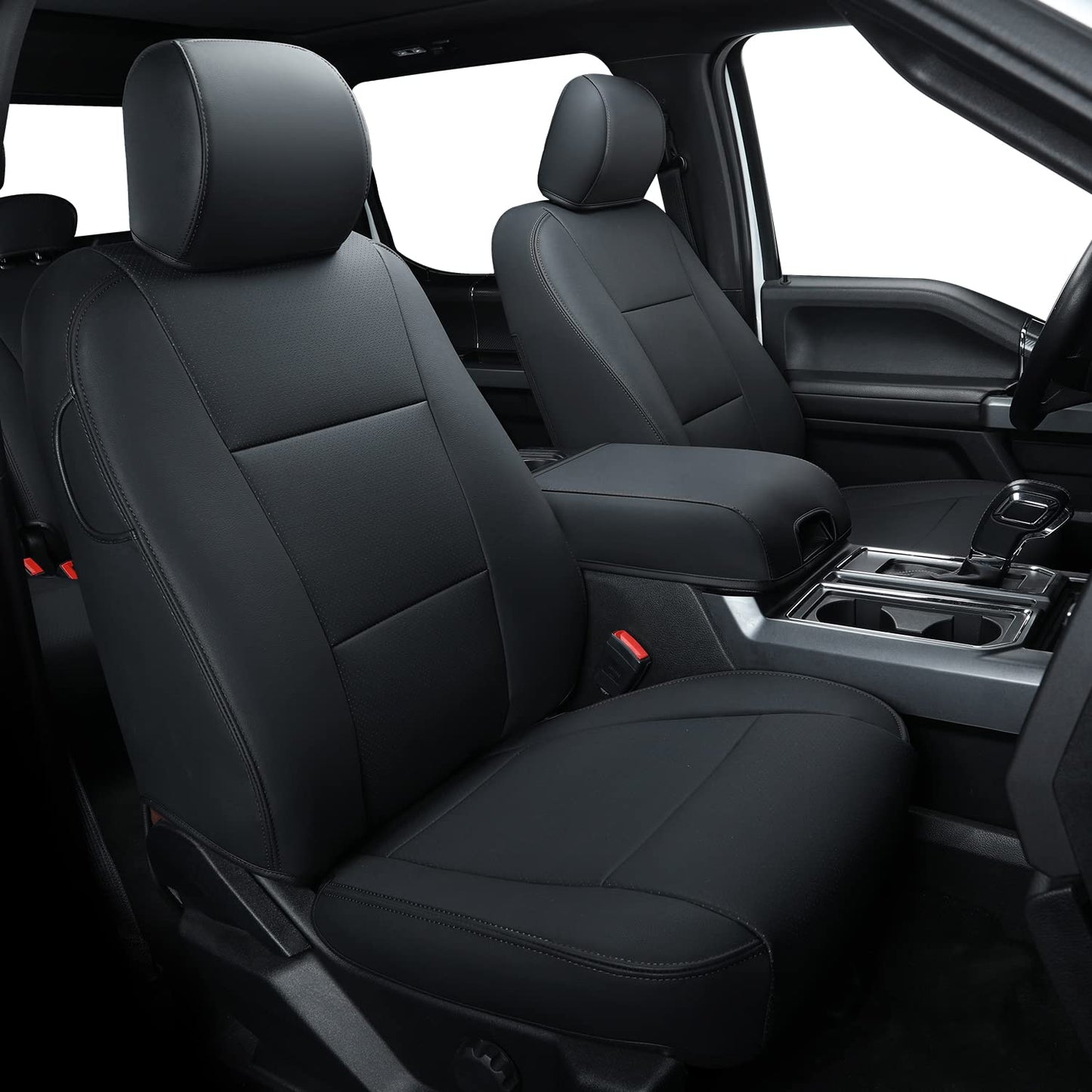Covertopia F150 Faux Leather Seat Covers, Custom fit 2015-2024 2025 Ford F150 SuperCrew, and 2017-2024 2025 F250 F350 F450 Super Duty Crew Cab(Full Set, Black)