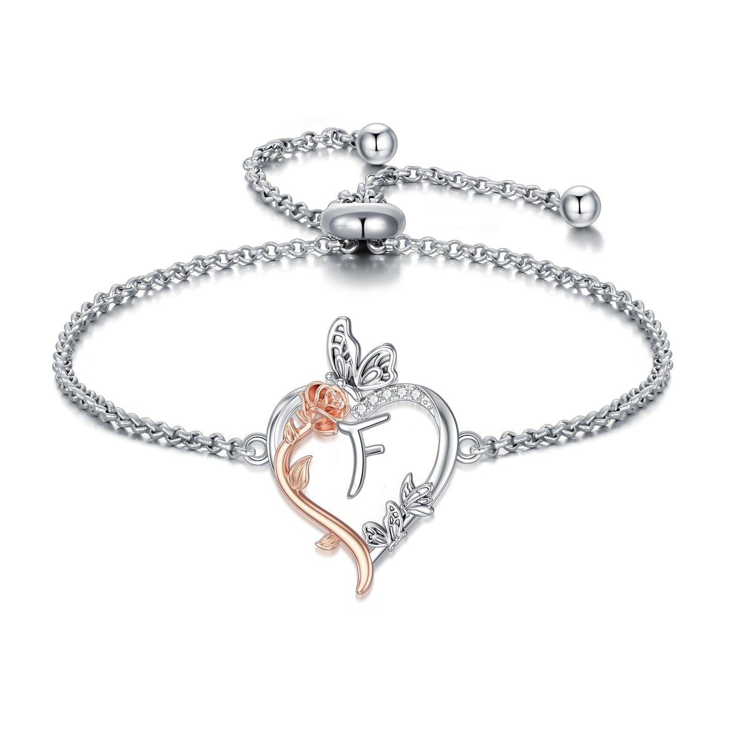TOUPOP Rose Heart Bracelet for Women Sterling Silver Heart Initial F Letter Bracelet Butterfly Love Jewelry Anniversary Birthday Mothers Day Gifts for Mom Wife Her Girlfriend