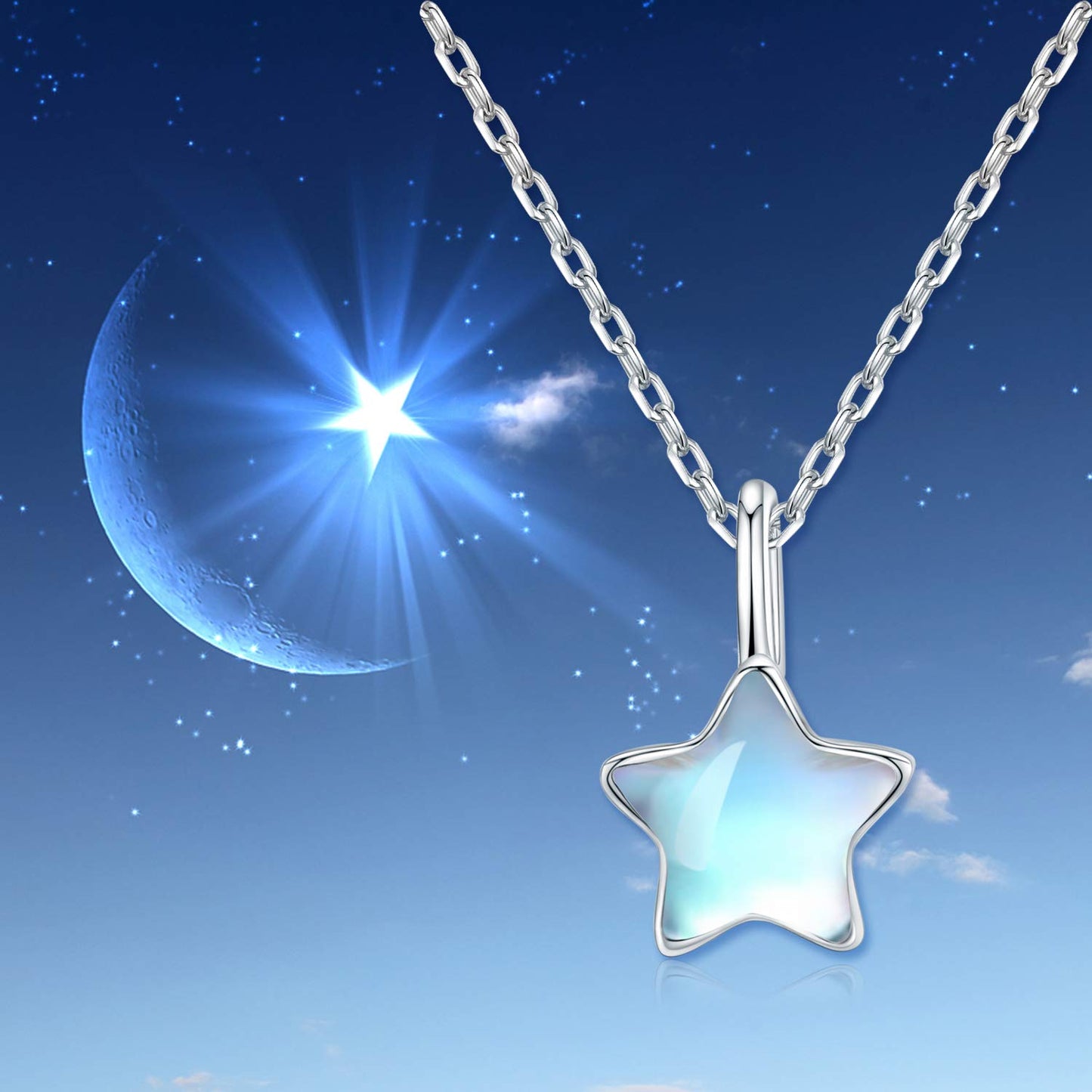 CUOKA MIRACLE Mothers Day Gift Moonstone Star Necklace 925 Sterling Silver Rainbow Moonstone Choker Pendant Celestial Jewelry for Women Hypoallergenic Gift Birthday