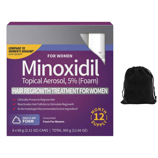 Kirkland Signature 5% Minoxidil Foam for Women, Hair Loss Regrowth Treatment, 12-Month Supply, Unscented, Easy Application, 6 Cans, Includes Storage Pouch, Clear