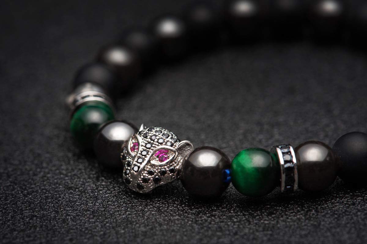 Karseer Black Panther Spirit Animal Bracelet, 8MM Natural Black Onyx Crystal and Hematite Beaded Elastic Bracelet, Handmade Meditation and Prayer Jewelry Unisex (Plated White Gold)