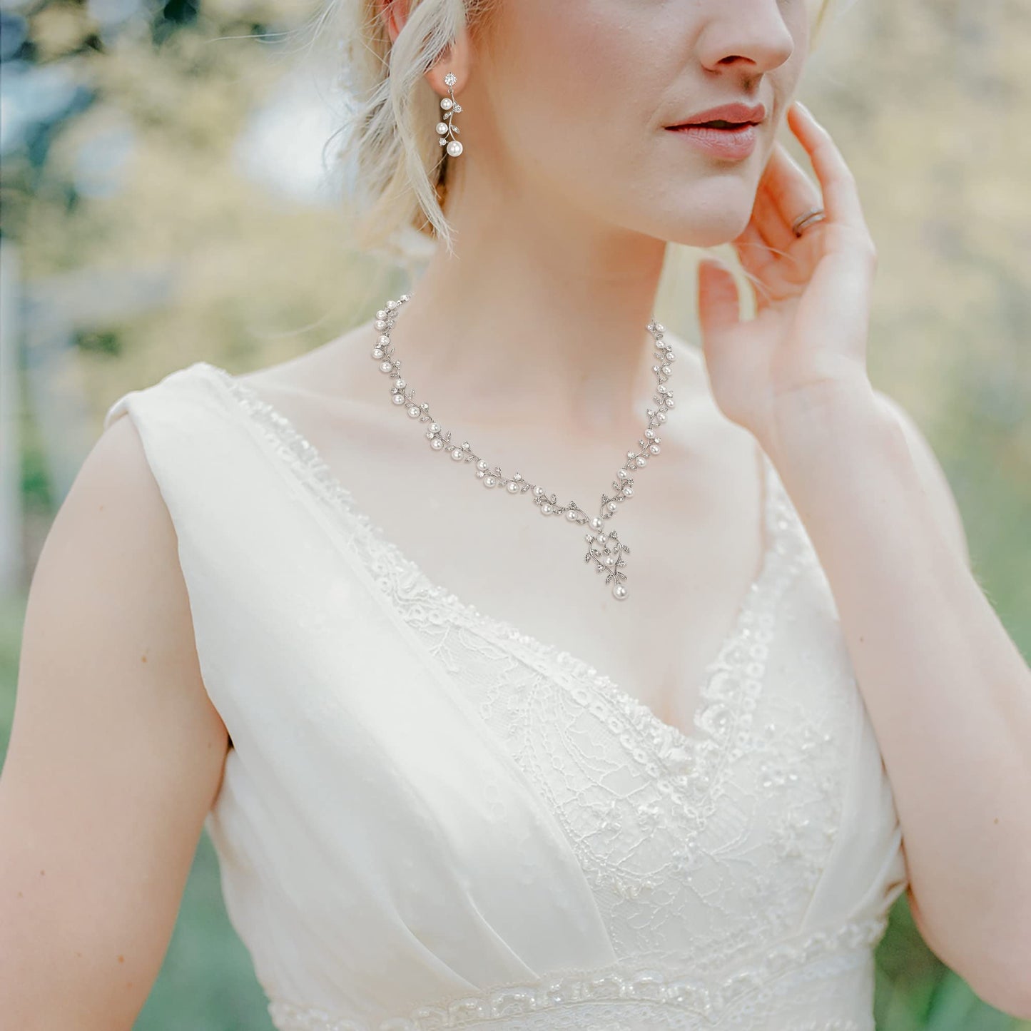 EVER FAITH Bridal Jewelry Sets for Women, White Cubic Zirconia Simulated Pearl Leaf Vine Wedding Necklace Dangle Earrings for Bride Bridesmaid Clear Silver-Plated-Brass