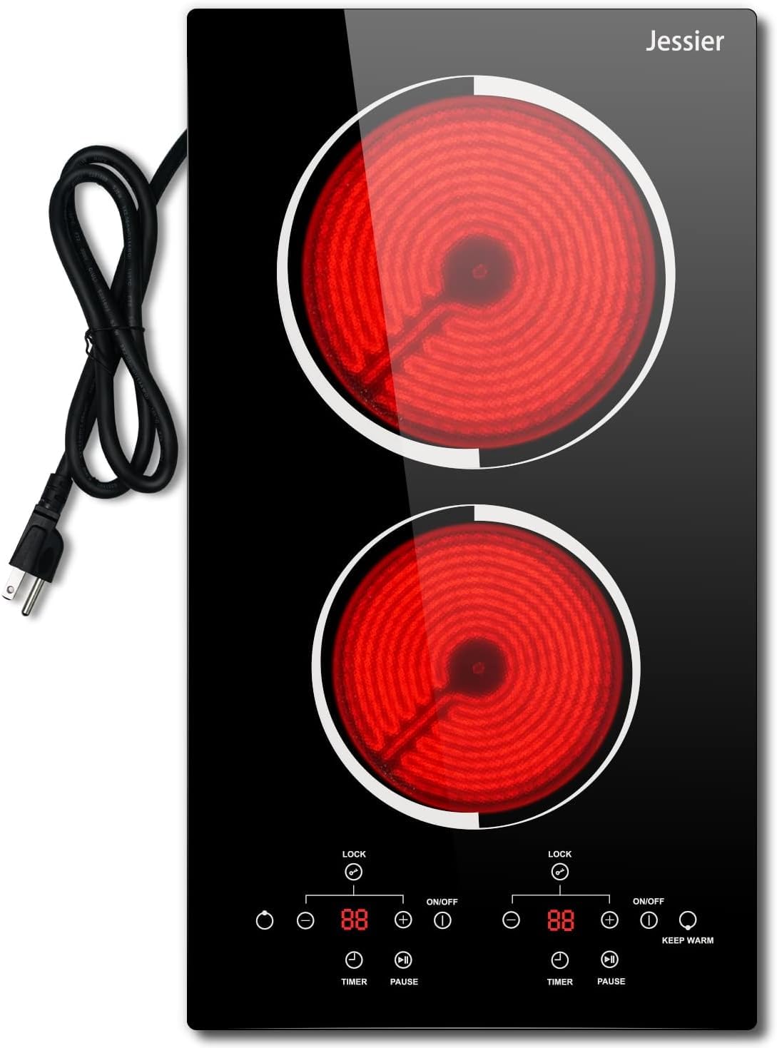 Jessier 2 Burner Electric Cooktop - 12 Inch Countertop & Built-in Electric Stove Top, 120V Plug in Electrical Cook Top, Timer, Safety Lock, Over-Temperature Protection, Sensor Touch Control